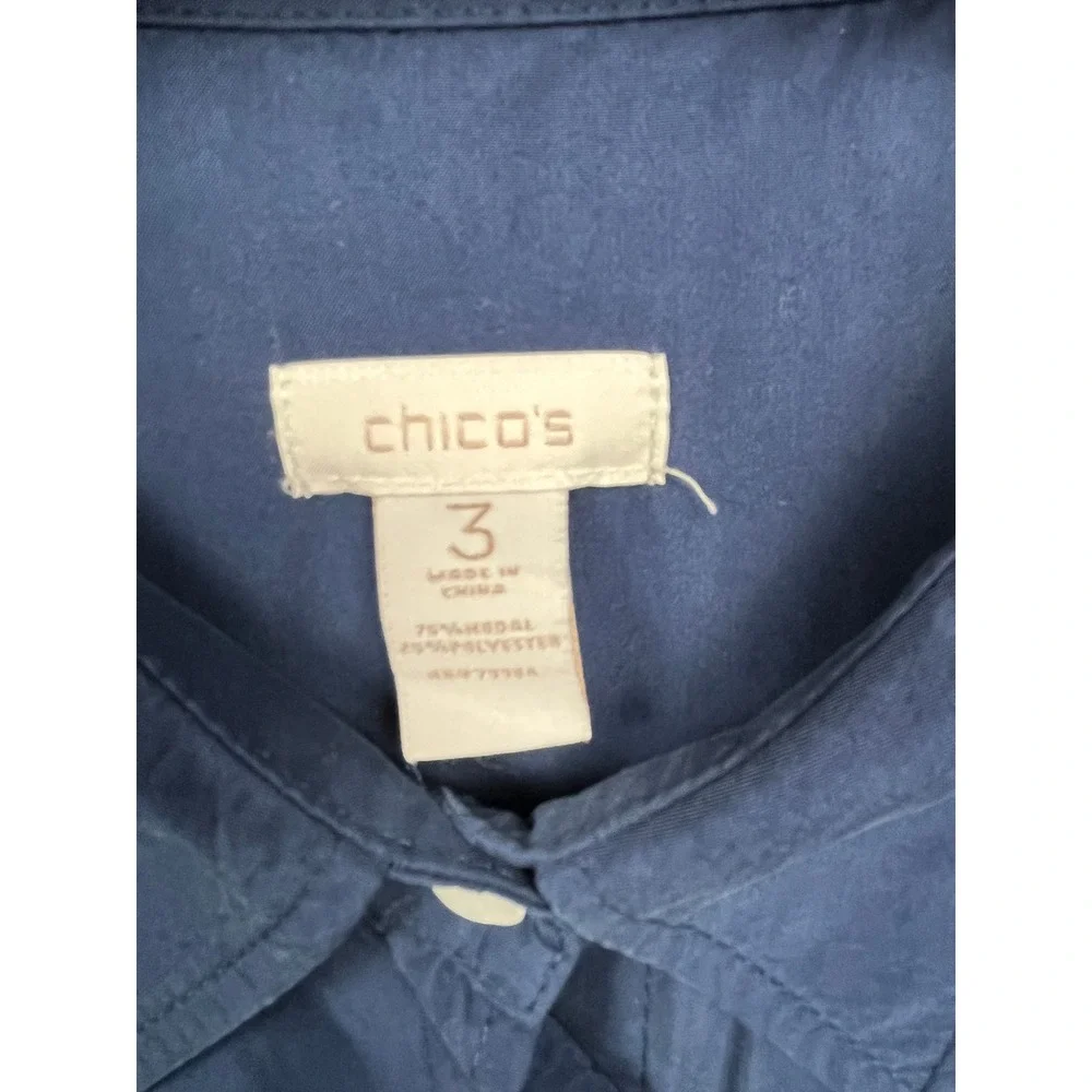 Chico's Button Down Women Size 3 Navy Blue Utility Epaulette Modal Blend‎ Shirt